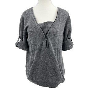 BCBG MAXAZRIA 100% lambswool GRay V-NECK SHORT SLEEVE 2 POCKETS ZIP SWEATER‎ L